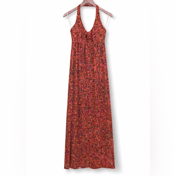 Sirena California Dresses & Skirts - Sirena California 70's Neon Orange Floral Halter 2 Side Slits Maxi Dress S/M